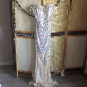 Jovani Silver and Cream Sequin Prom Dress